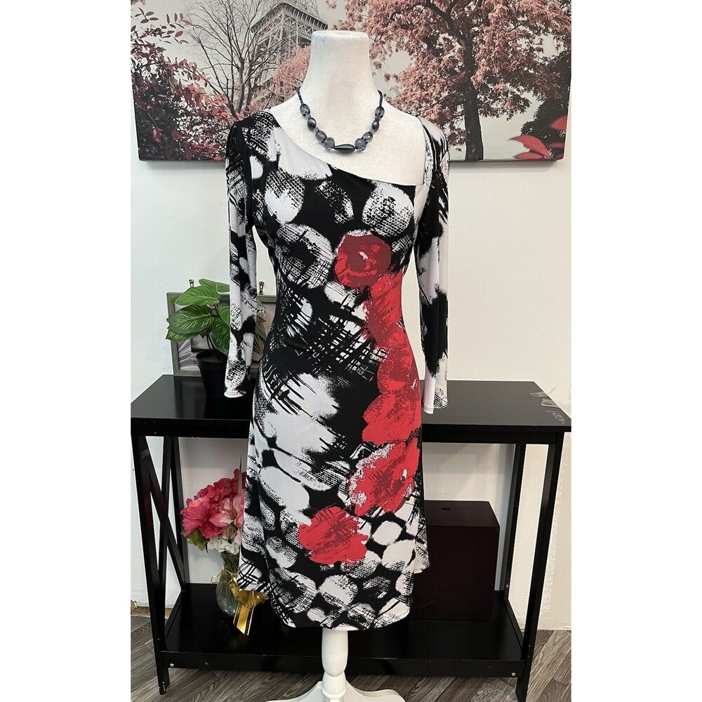 Eva Varro Dress Medium M Black Red Abstract Floral Print Asymmetrical NeckSheath